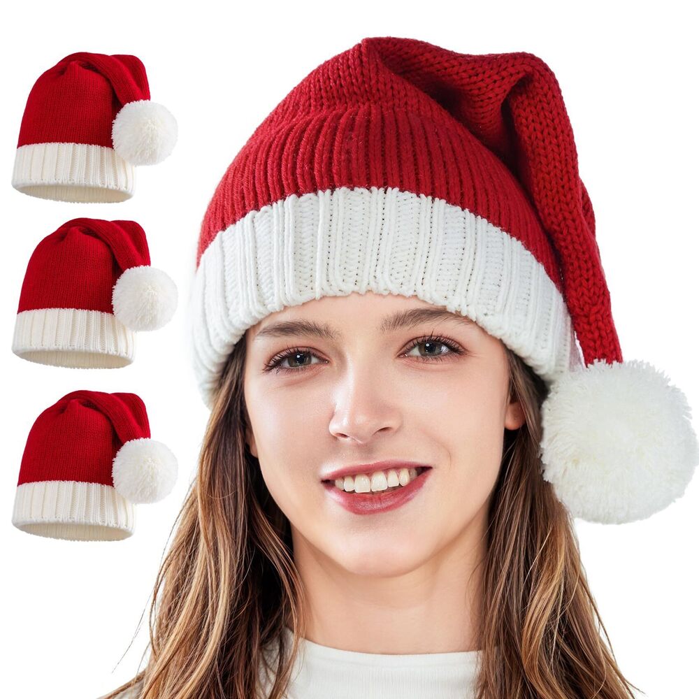 7241 3PCS Adult Santa Hat Christmas Xmas Kids Beanie Knit Santa Hat Knitted